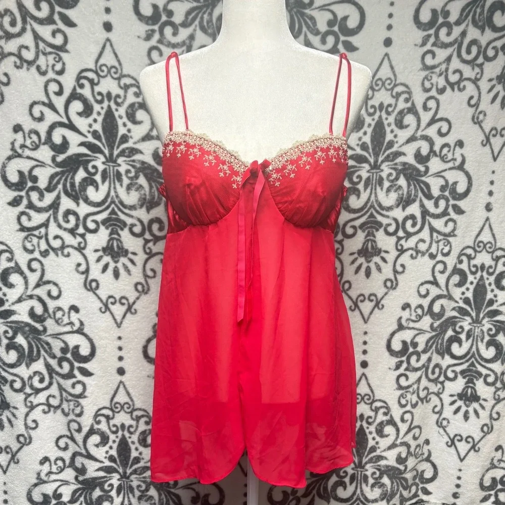 Cinema Etoile Seductive Wear Red Embroidered Lace Babydoll Chemise Large RN79862